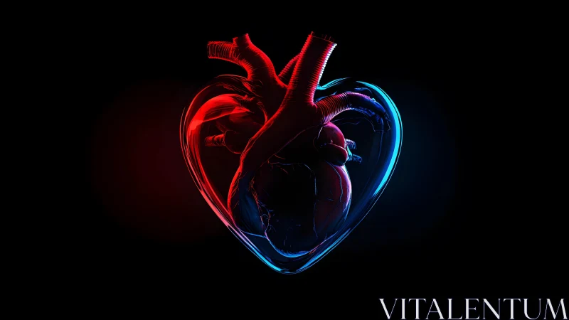 Anatomical Heart with Neon Red and Blue Lighting in Digital Art. Anatomical Heart with Neon Red and Blue Lighting in Digital Art.