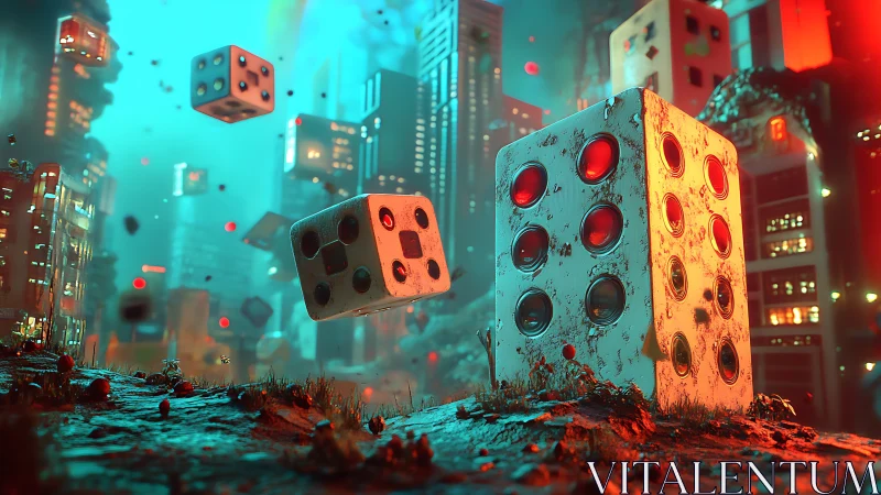 Gigantic city dice tumble through a neon-soaked twilight skyline
