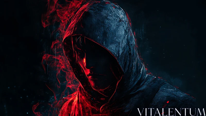 Hooded digital figure is rendered with red rim lighting