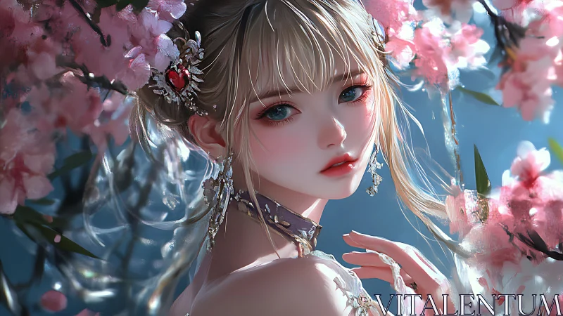 Blossom-crowned anime maiden bathed in shimmering spring light.