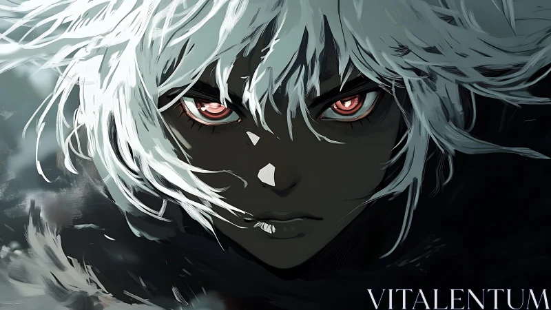 Storm-eyed wanderer framed in icy hair and fierce shadows.