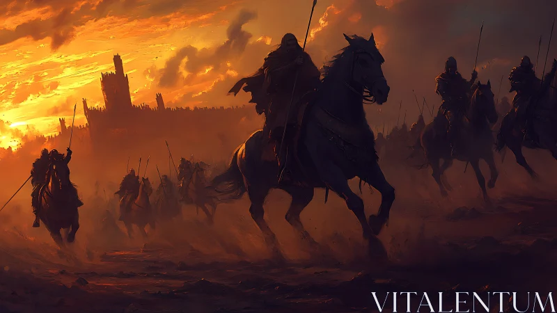 Dusk-lit cavalry storms the burning horizon beyond citadel walls