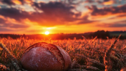 Loaf of Bread in Grain Field at Sunset.