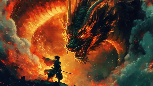 Flaming dragon confronts lone samurai amid swirling inferno.
