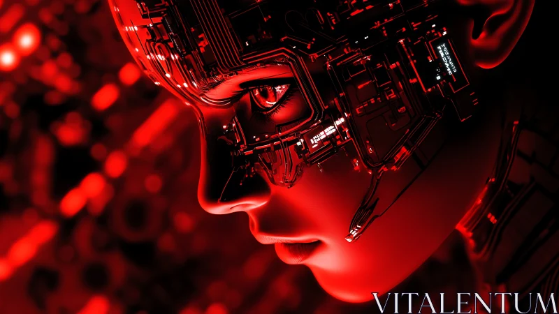 Luminous cybernetic face glowing softly in vivid red light.