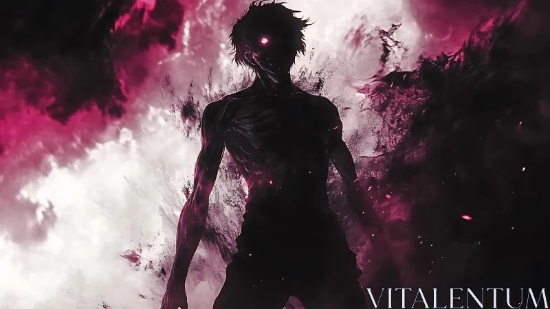 Shadowed humanoid emerges amid violent crimson energy.