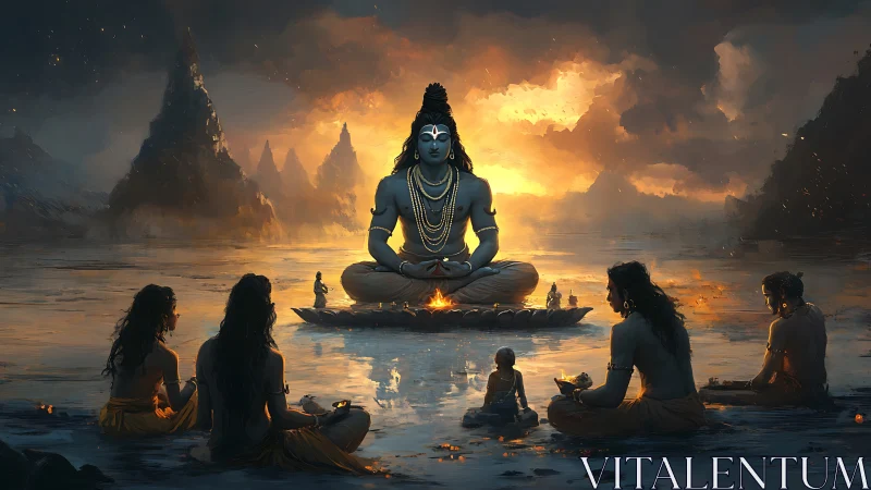 Divine blue deity meditating at sunset amid disciples in lake