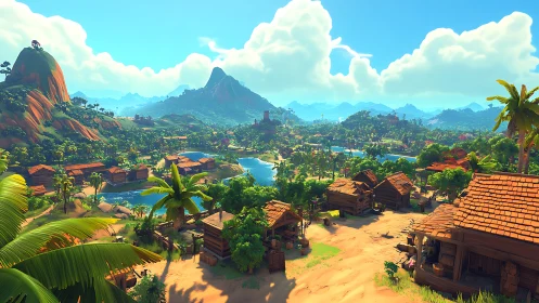 Tropical Village Valley Nestled Among Mountains and Waterways