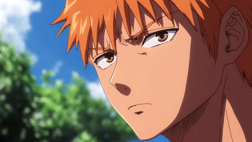 Orange-haired anime hero under a restless summer sky.