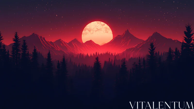 Crimson moonrise crowns midnight pines and serrated peaks.