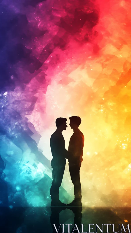 Two figures silhouetted against rainbow gradient backdrop.