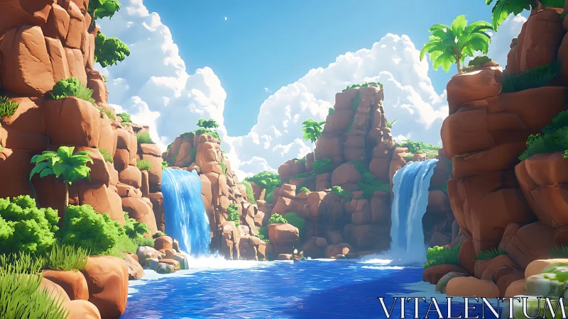 Stylized tropical canyon with twin waterfalls and river.
