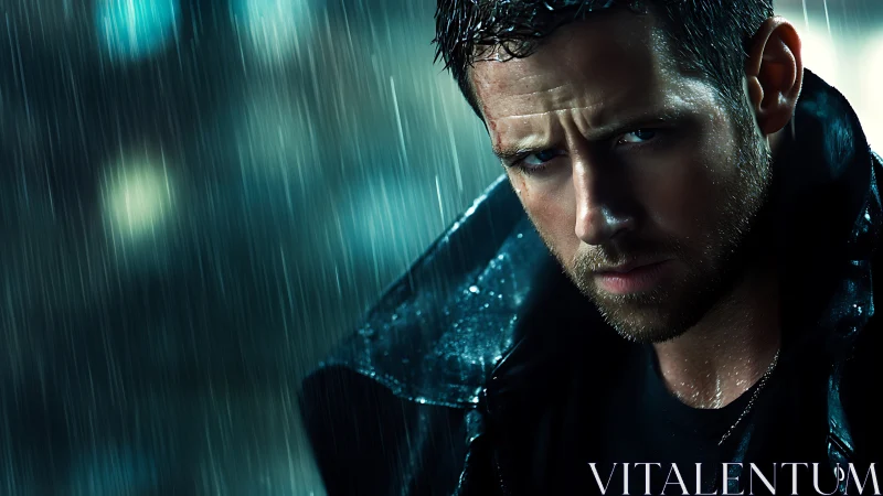 Brooding male portrait under neon rain with cinematic lighting