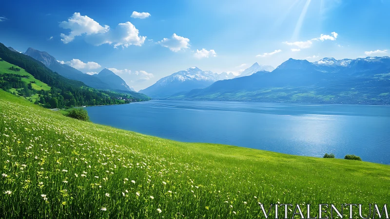 Alpine lake bordered by grassy hillside and distant peaks.