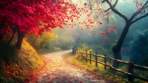 Autumn forest path curves through luminous mist and scarlet foliage