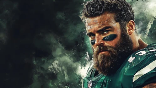 Digital portrait of bearded American football player in uniform.