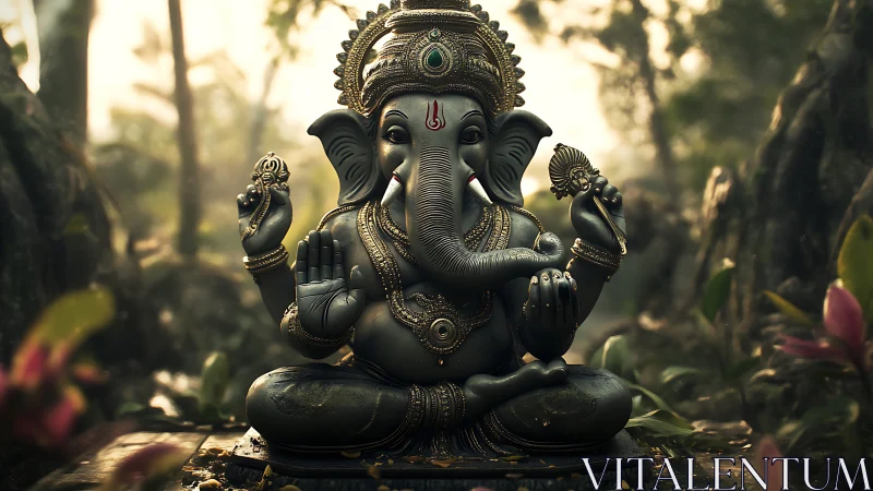 Photorealistic Ganesha sculpture in lush jungle clearing at dawn