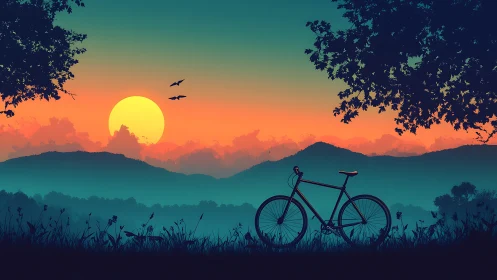 Bicycle on hillside terrain at sunset in landscape composition.