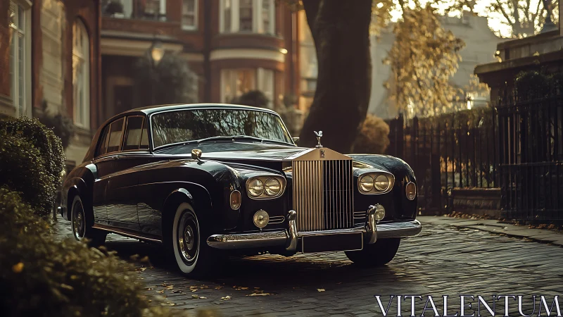 Classic luxury sedan gleams on a sunlit cobblestone street