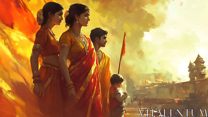 Traditional Indian Family in Festive Attire, Vibrant Digital Art.