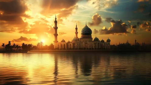 Sunset mosque skyline reflected across calm water surface.