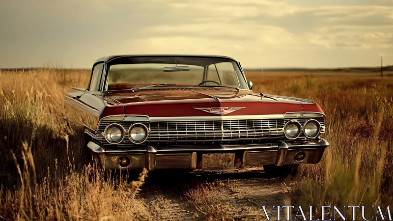 Classic red American sedan parked in golden rural field.