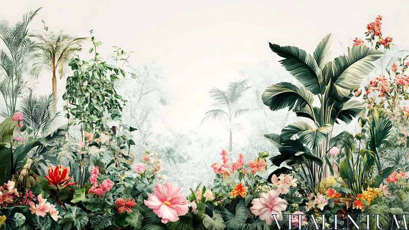 Botanical garden scene with layered tropical plants and flowering blooms