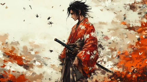 Digital painting of lone samurai in abstract autumn palette.