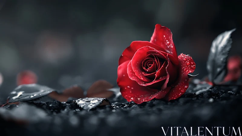 High-contrast macro study of dew-covered red rose on dark ground