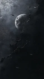 Crumbling lunar surface in dark cosmic night sky scene.