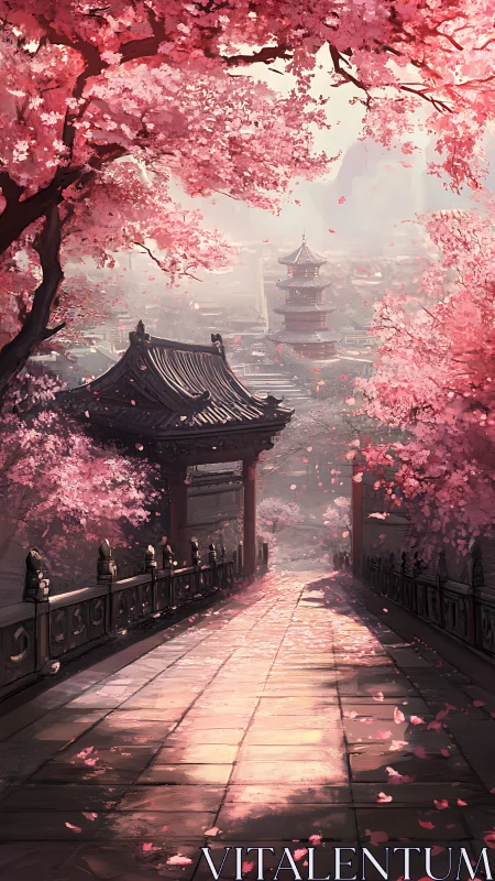 Cherry blossom corridor leads to distant pagoda in diffuse backlight