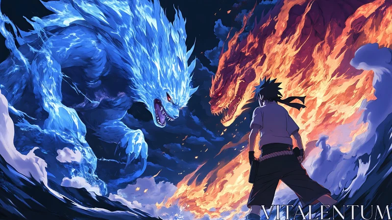 Warrior facing colossal fire and ice dragon clash at night.
