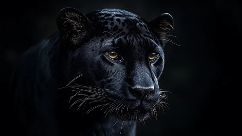 Black Panther Portrait with Luminous Amber Eyes Against Dark Background.