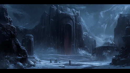 Monolithic icy fortress gate glows red in desolate night landscape
