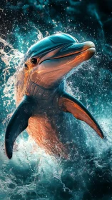 Cybernetic dolphin emerging from turbulent illuminated water.