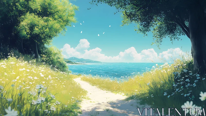 Sunlit coastal path opens onto a tranquil, radiant sea