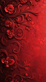Red floral relief curls across a textured ornamental wall