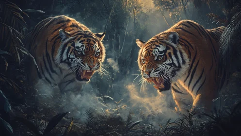 Two Bengal Tigers Snarling in Misty Jungle Confrontation.