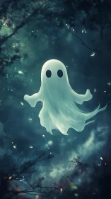 Digital painting of a luminous ghost in a moonlit forest scene.