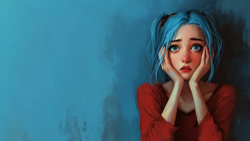 Blue haired girl in red sweater expresses anxious emotion.