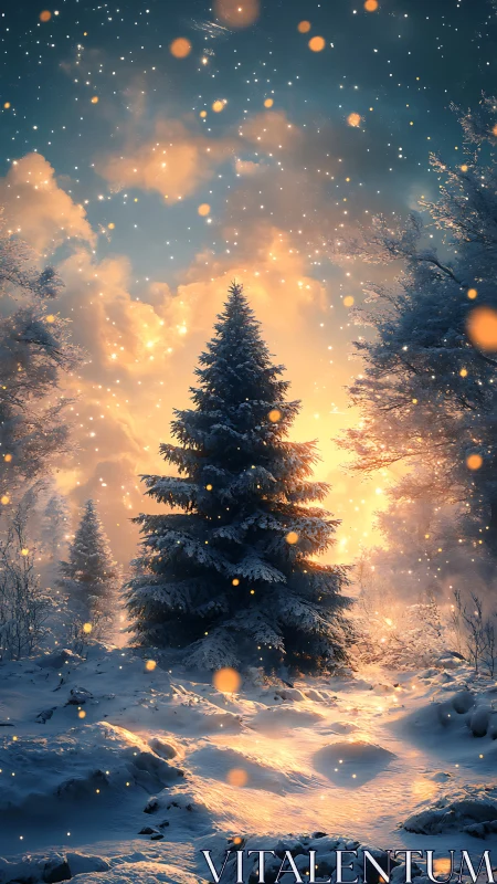 Snow covered pine tree in glowing winter forest sunset.