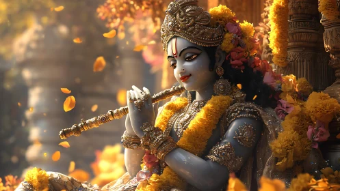 Divine blue-hued deity in marigold garlands, detailed render.