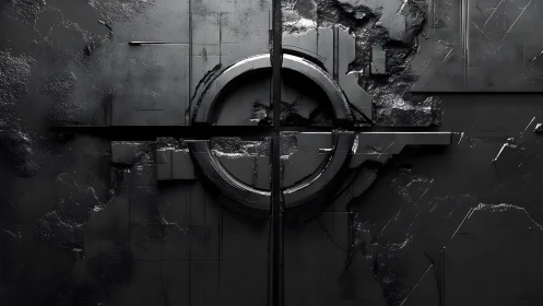 Industrial abstract wall with circular symbol in dark sci-fi style.