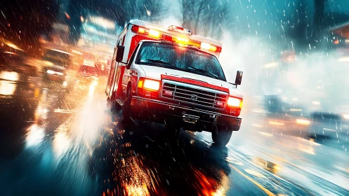 Emergency ambulance driving on wet city street at night.