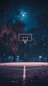 Lonely night basketball hoop glows under a starry sky