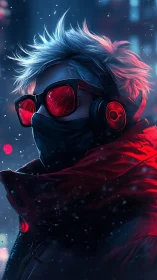 Neon winter wanderer wrapped in red light and city snow.