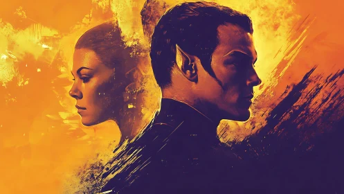 Dual sci fi portraits in blazing orange abstract field.