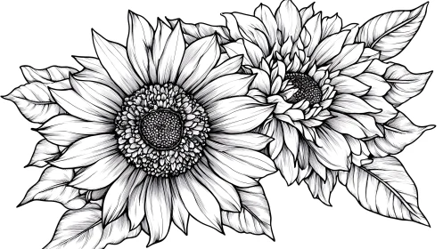 Detailed line drawing shows two overlapping sunflower blooms