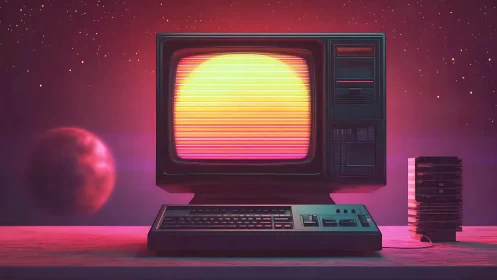 Retro desktop computer with sunset display and planets.