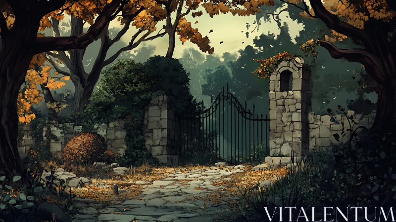 Autumn garden gate amid crumbling stone walls at dusk.